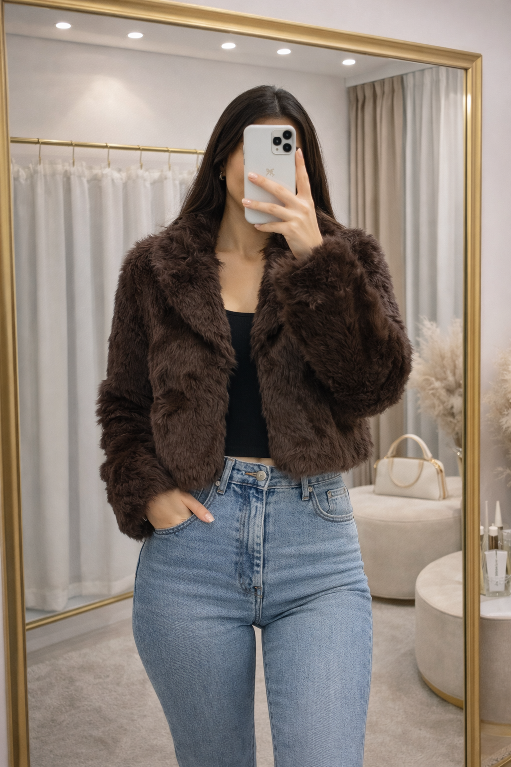 Casaco castanho curto efeito pelo